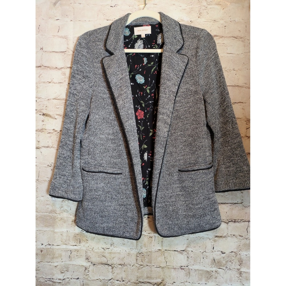 Skies Are Blue Blazer Women's Large Gray Open Front Floral Lining Stretchy